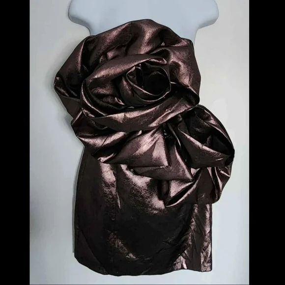 Zara Metallic Chocolate Brown Mini Dress with Sculptural Rose Detail - Picture 2 of 7